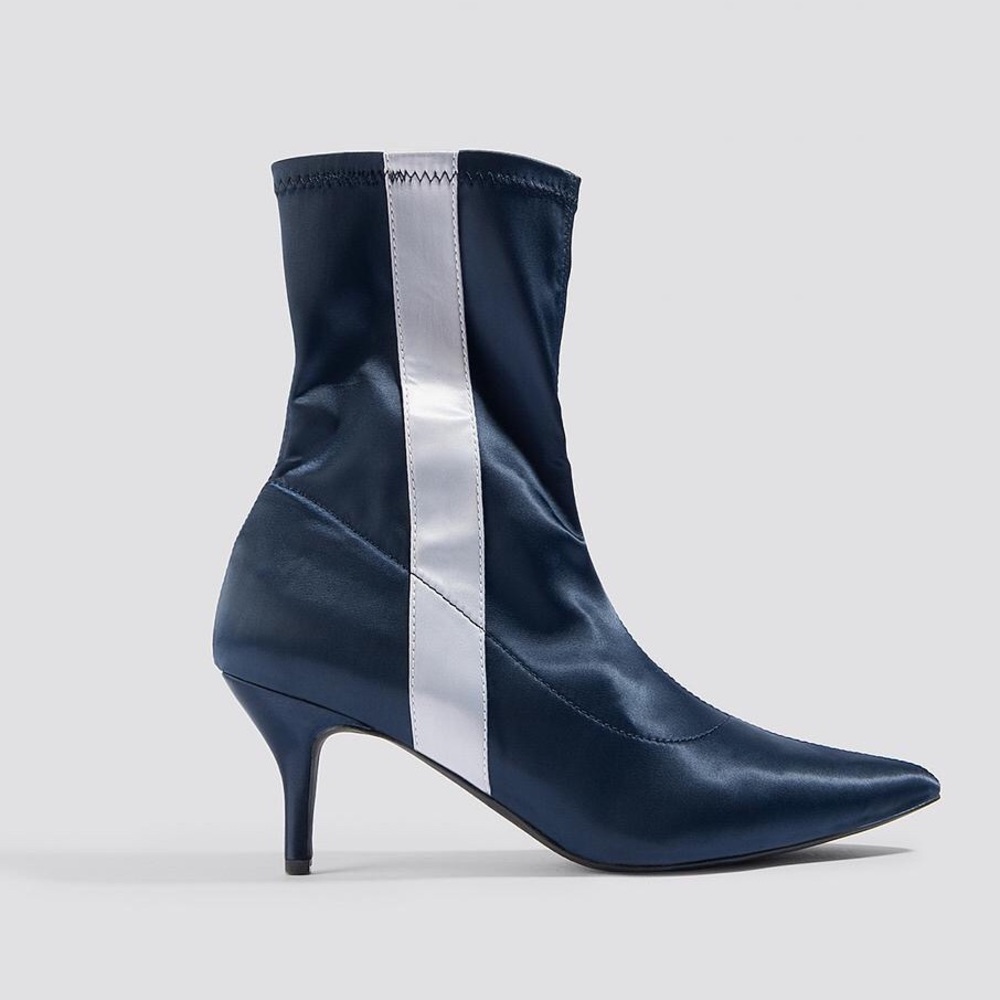 Navy satin sock boot with kitten heel 37/6.5 NWOT